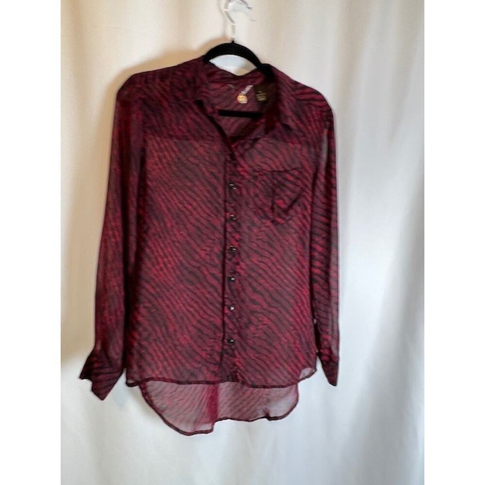 BKE Boutique Red Button Front Semi Sheer Box Pleat Back Blouse Long Sleeve Sz S